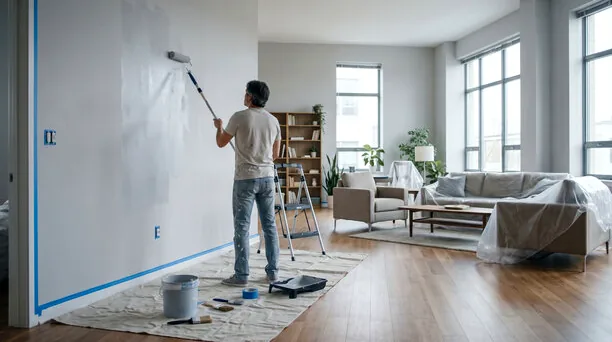 Painter rolling plaster walls in a Myers Park living room with furniture covered